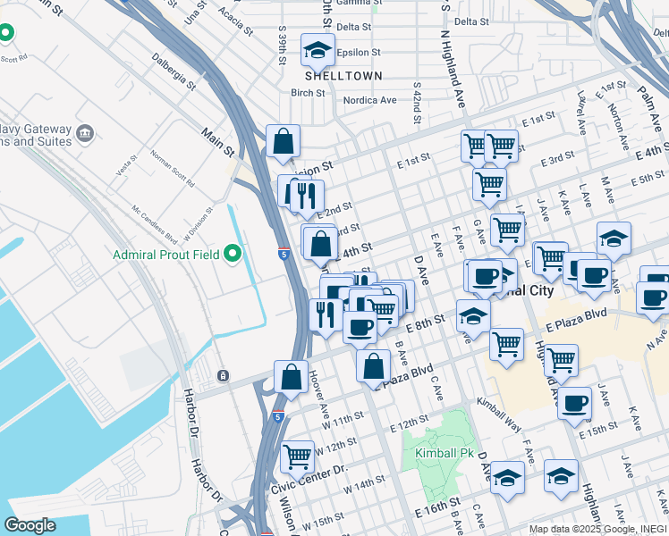 map of restaurants, bars, coffee shops, grocery stores, and more near 421 National City Boulevard in National City