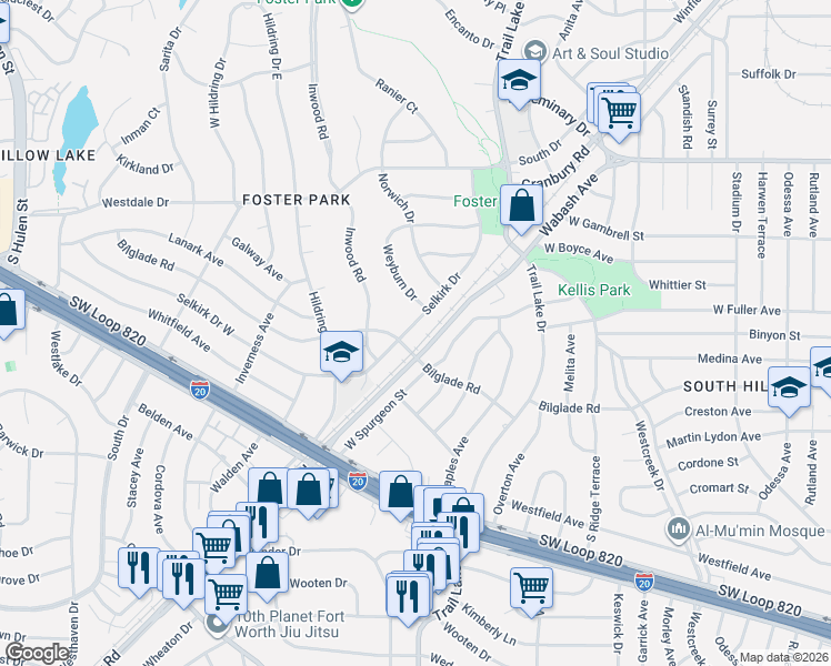 map of restaurants, bars, coffee shops, grocery stores, and more near 4709 Selkirk Drive in Fort Worth