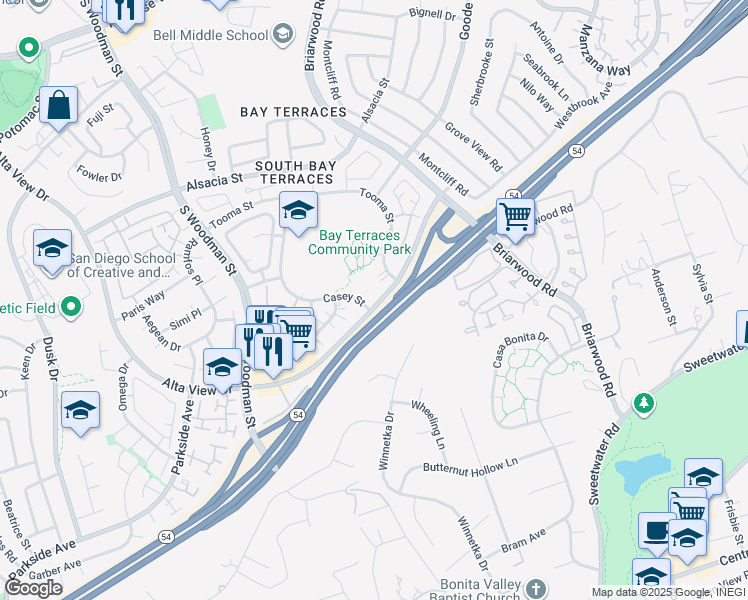 map of restaurants, bars, coffee shops, grocery stores, and more near 2895 Alta View Drive in San Diego