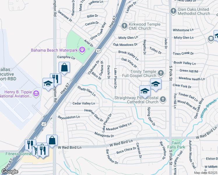 map of restaurants, bars, coffee shops, grocery stores, and more near 5327 Dazzle Drive in Dallas