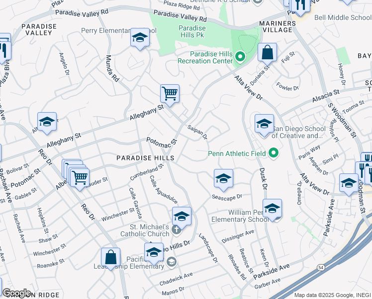 map of restaurants, bars, coffee shops, grocery stores, and more near 6259 Calle Pavana in San Diego