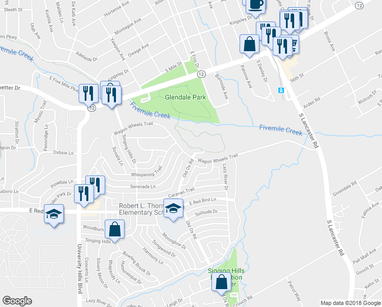 map of restaurants, bars, coffee shops, grocery stores, and more near 1617 Wagon Wheels Trail in Dallas