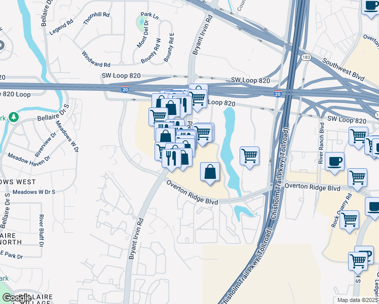map of restaurants, bars, coffee shops, grocery stores, and more near 4817 Bryant Irvin Road in Fort Worth