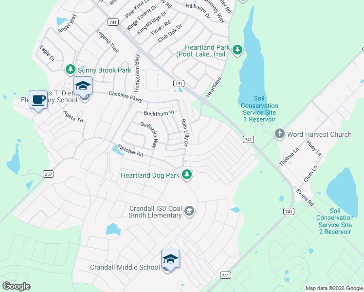 map of restaurants, bars, coffee shops, grocery stores, and more near 2947 Rosemount Lane in Crandall