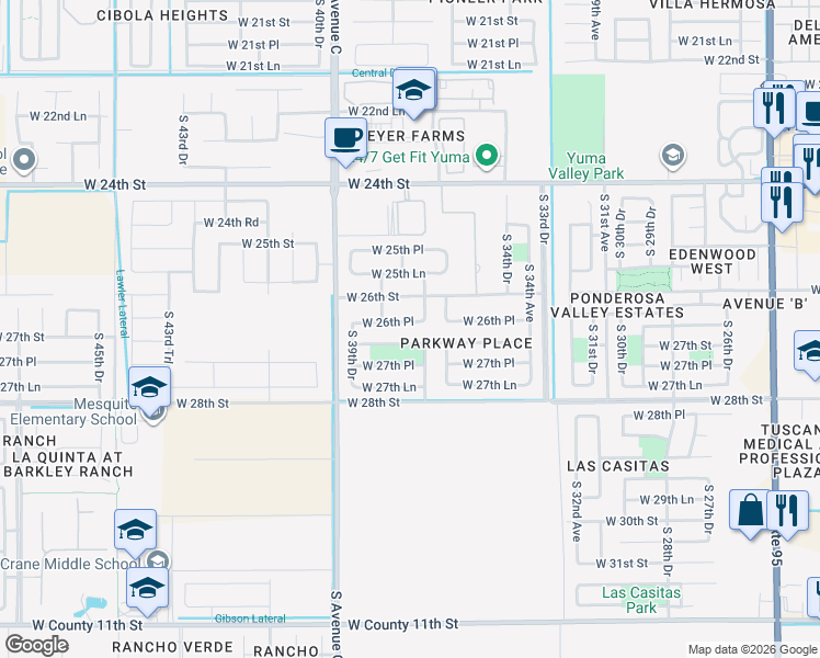 map of restaurants, bars, coffee shops, grocery stores, and more near 3743-3771 West 26th Place in Yuma