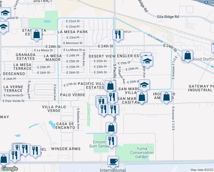 map of restaurants, bars, coffee shops, grocery stores, and more near 1964 E 26th Pl in Yuma