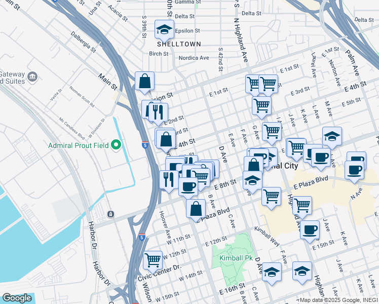 map of restaurants, bars, coffee shops, grocery stores, and more near 123 East 5th Street in National City