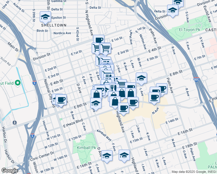 map of restaurants, bars, coffee shops, grocery stores, and more near 640A Highland Avenue in National City