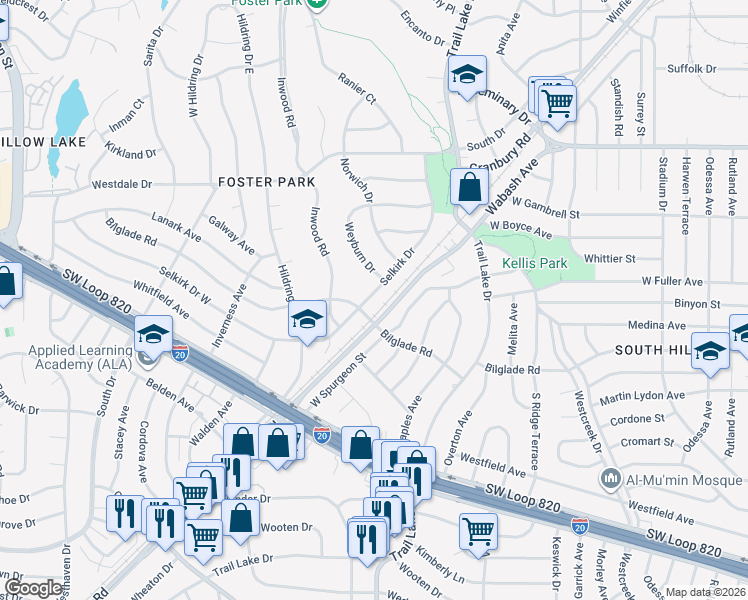 map of restaurants, bars, coffee shops, grocery stores, and more near 4709 Selkirk Drive in Fort Worth