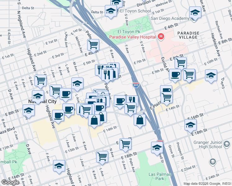map of restaurants, bars, coffee shops, grocery stores, and more near 1635 East 10th Street in National City
