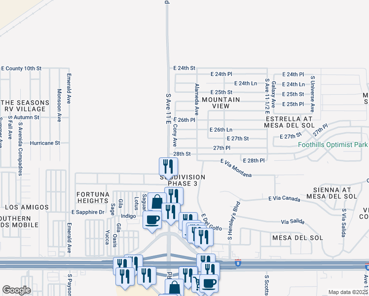 map of restaurants, bars, coffee shops, grocery stores, and more near 11237 East 27th Place in Yuma