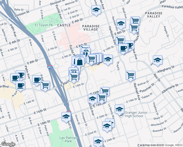 map of restaurants, bars, coffee shops, grocery stores, and more near 2537 East 13th Street in National City