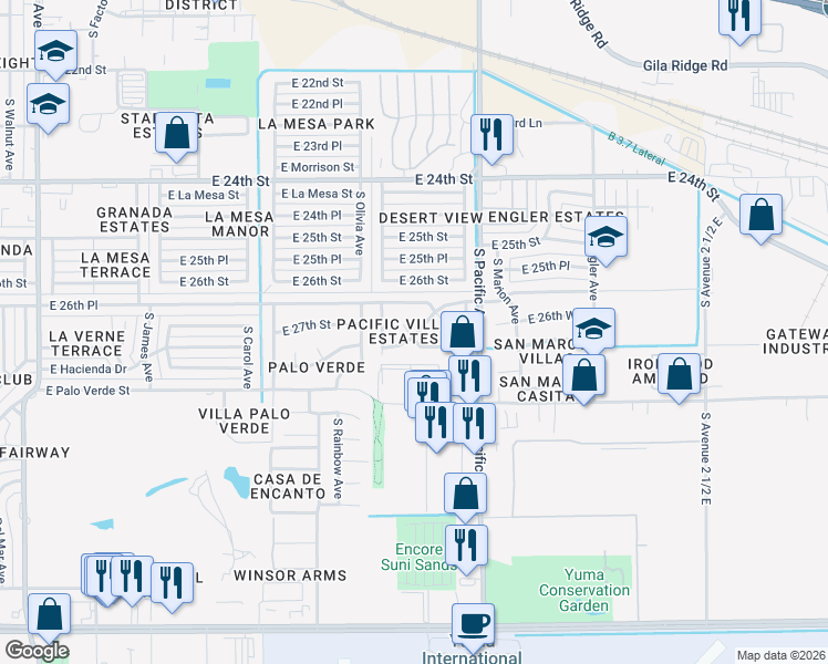map of restaurants, bars, coffee shops, grocery stores, and more near 1802 San Marcos Drive in Yuma