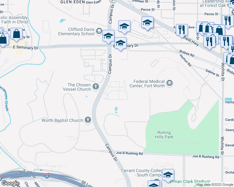 map of restaurants, bars, coffee shops, grocery stores, and more near 4651 Campus Drive in Fort Worth