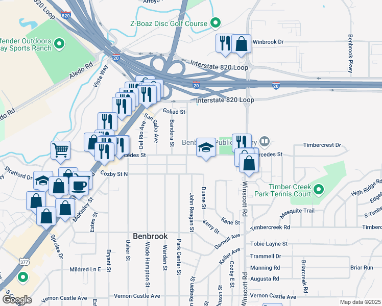 map of restaurants, bars, coffee shops, grocery stores, and more near 807 Mercedes Street in Benbrook