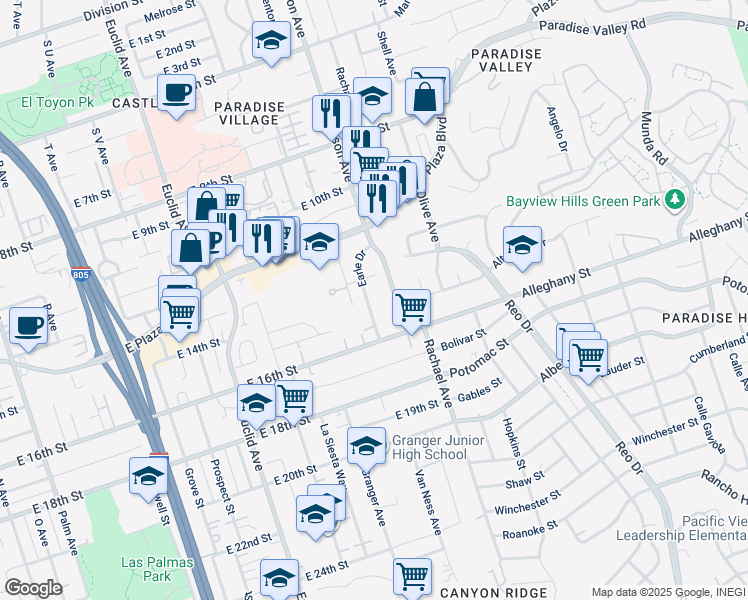 map of restaurants, bars, coffee shops, grocery stores, and more near 1405 Earle Drive in National City