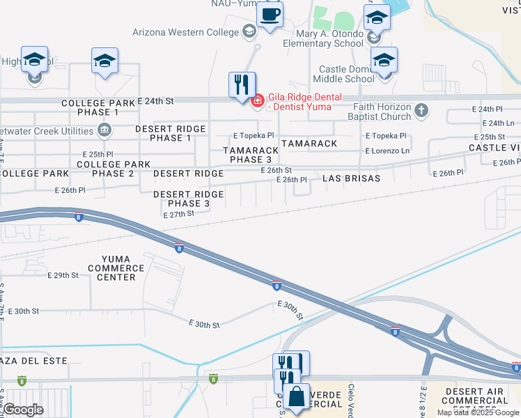 map of restaurants, bars, coffee shops, grocery stores, and more near 2725 South Pinedale Avenue in Yuma