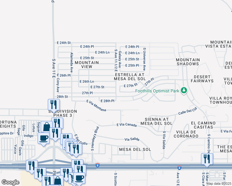 map of restaurants, bars, coffee shops, grocery stores, and more near 11457 E 27th Pl in Yuma