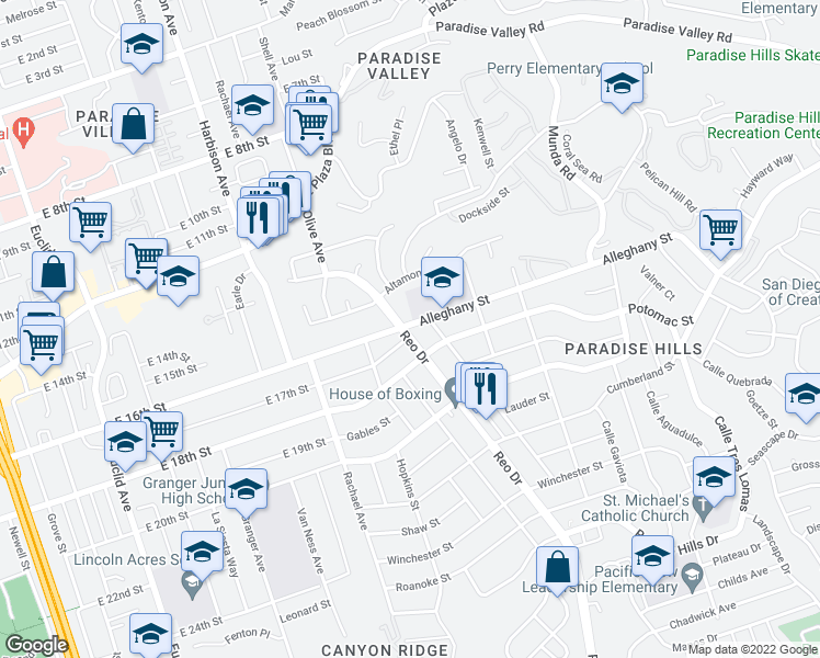 map of restaurants, bars, coffee shops, grocery stores, and more near 2105 Reo Drive in San Diego