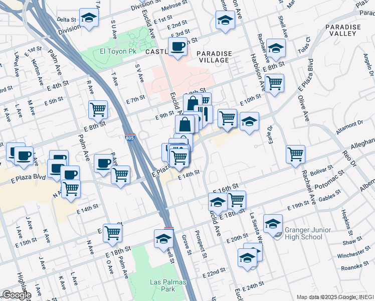 map of restaurants, bars, coffee shops, grocery stores, and more near 2405 East Plaza Boulevard in National City