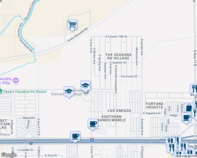 map of restaurants, bars, coffee shops, grocery stores, and more near Hurricane Street in Yuma