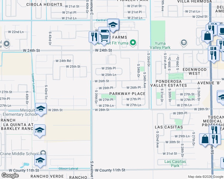 map of restaurants, bars, coffee shops, grocery stores, and more near 3743-3771 West 26th Place in Yuma