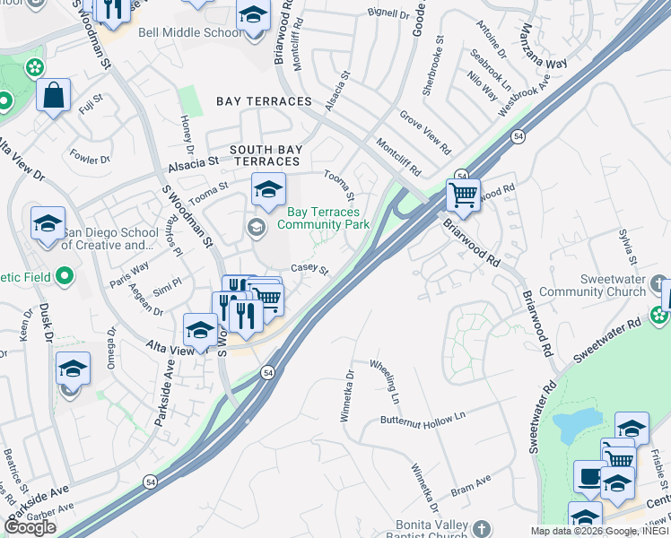 map of restaurants, bars, coffee shops, grocery stores, and more near 2895 Alta View Drive in San Diego