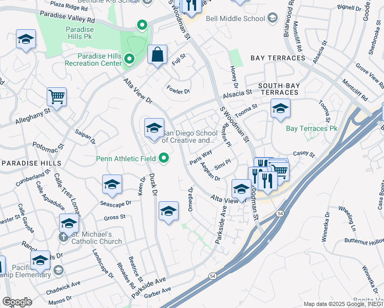 map of restaurants, bars, coffee shops, grocery stores, and more near 2444 Adirondack Row in San Diego