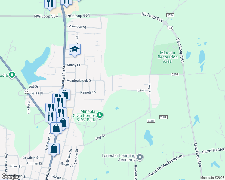map of restaurants, bars, coffee shops, grocery stores, and more near 1501-1557 Meadowbrook Drive in Mineola
