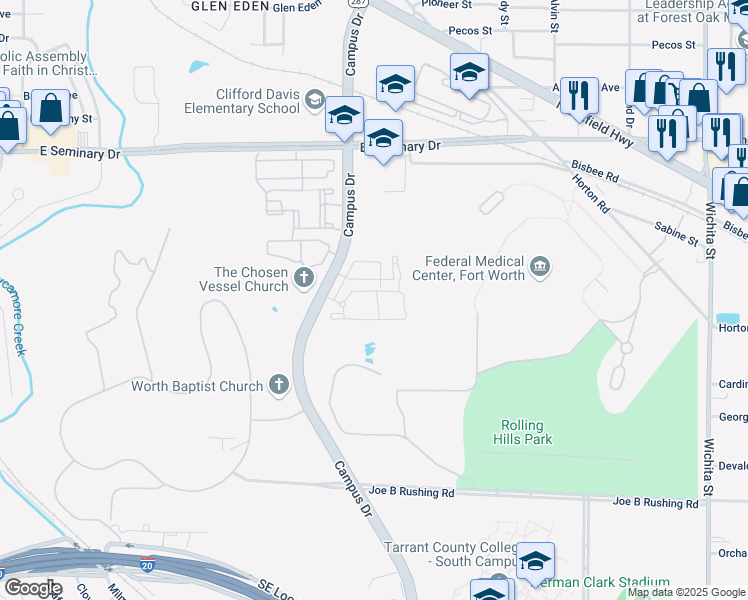 map of restaurants, bars, coffee shops, grocery stores, and more near 4651 Campus Drive in Fort Worth