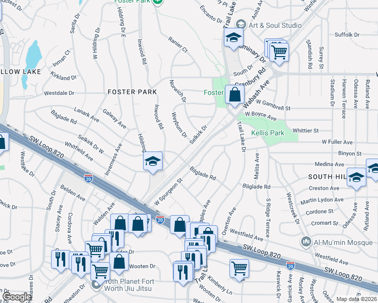 map of restaurants, bars, coffee shops, grocery stores, and more near 4709 Selkirk Drive in Fort Worth