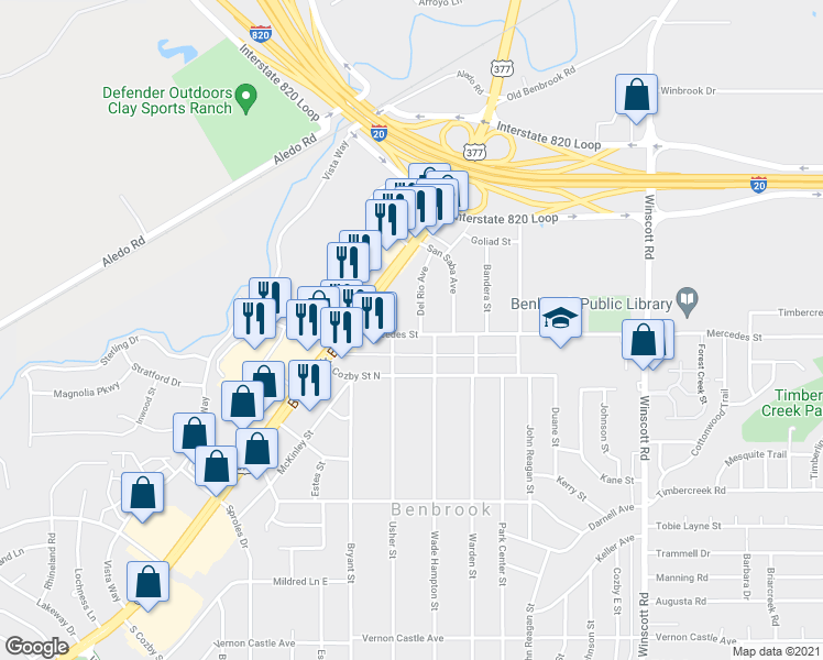 map of restaurants, bars, coffee shops, grocery stores, and more near 131 Del Rio Avenue in Benbrook