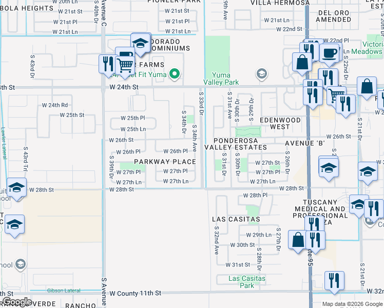 map of restaurants, bars, coffee shops, grocery stores, and more near 3411 West 26th Place in Yuma