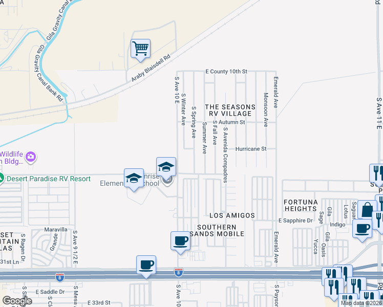 map of restaurants, bars, coffee shops, grocery stores, and more near Hurricane Street in Yuma