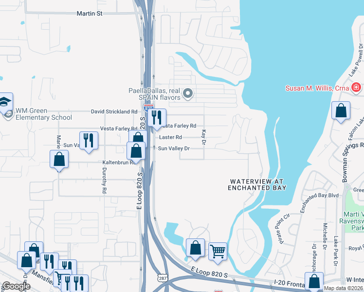 map of restaurants, bars, coffee shops, grocery stores, and more near 5505 Sun Valley Drive in Fort Worth