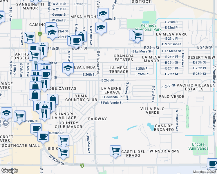 map of restaurants, bars, coffee shops, grocery stores, and more near 2727 South Arizona Avenue in Yuma
