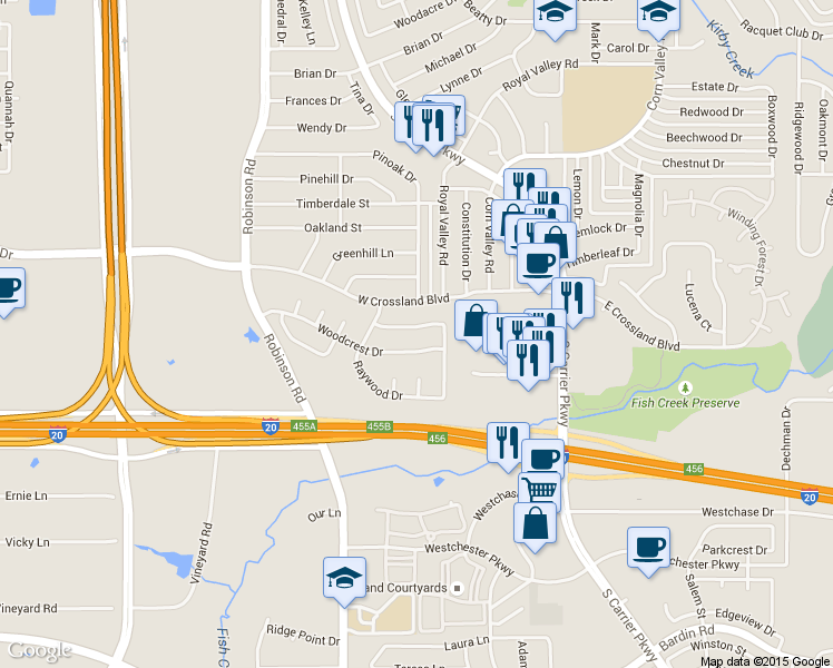 map of restaurants, bars, coffee shops, grocery stores, and more near 617 Thornwood Trail in Grand Prairie