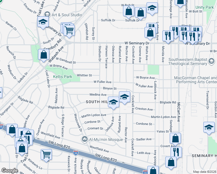 map of restaurants, bars, coffee shops, grocery stores, and more near 3258 Binyon Avenue in Fort Worth