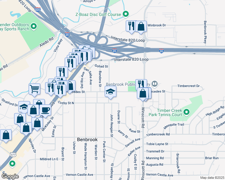 map of restaurants, bars, coffee shops, grocery stores, and more near 807 Mercedes Street in Benbrook