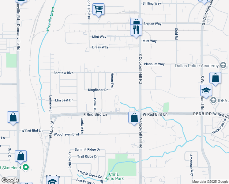 map of restaurants, bars, coffee shops, grocery stores, and more near 4518 Kingfisher Drive in Dallas