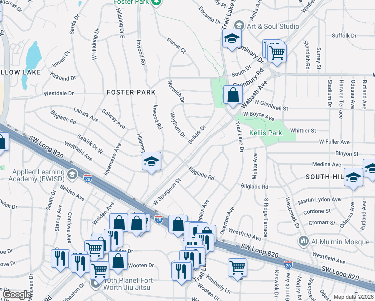 map of restaurants, bars, coffee shops, grocery stores, and more near 4709 Selkirk Drive in Fort Worth