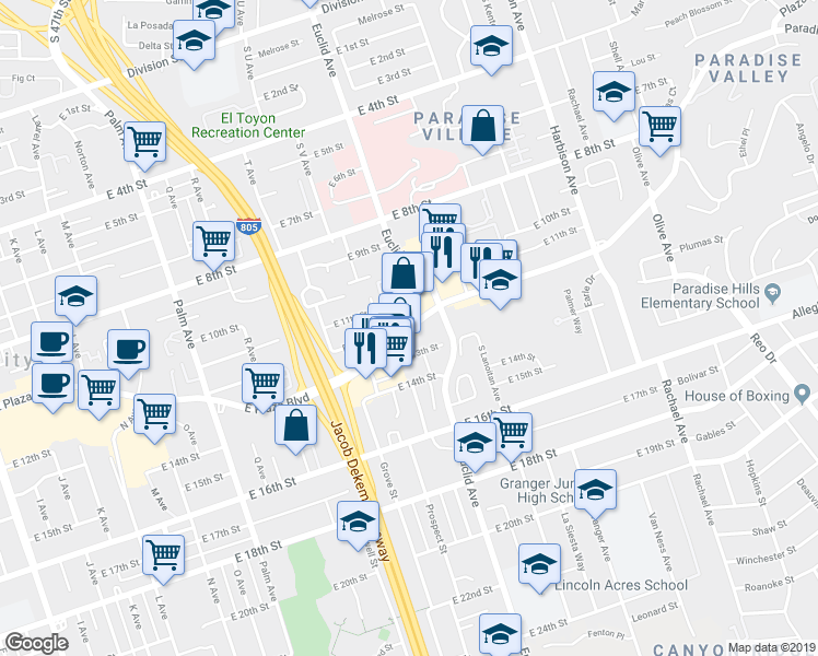 map of restaurants, bars, coffee shops, grocery stores, and more near 2405 East Plaza Boulevard in National City
