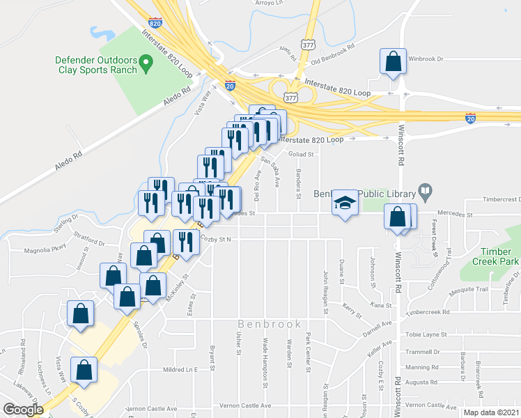 map of restaurants, bars, coffee shops, grocery stores, and more near 131 Del Rio Avenue in Benbrook
