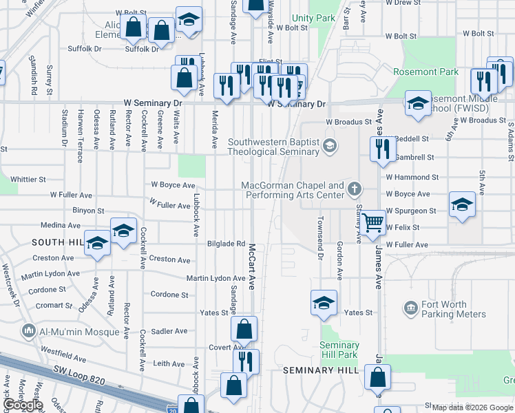 map of restaurants, bars, coffee shops, grocery stores, and more near 4701 McCart Avenue in Fort Worth