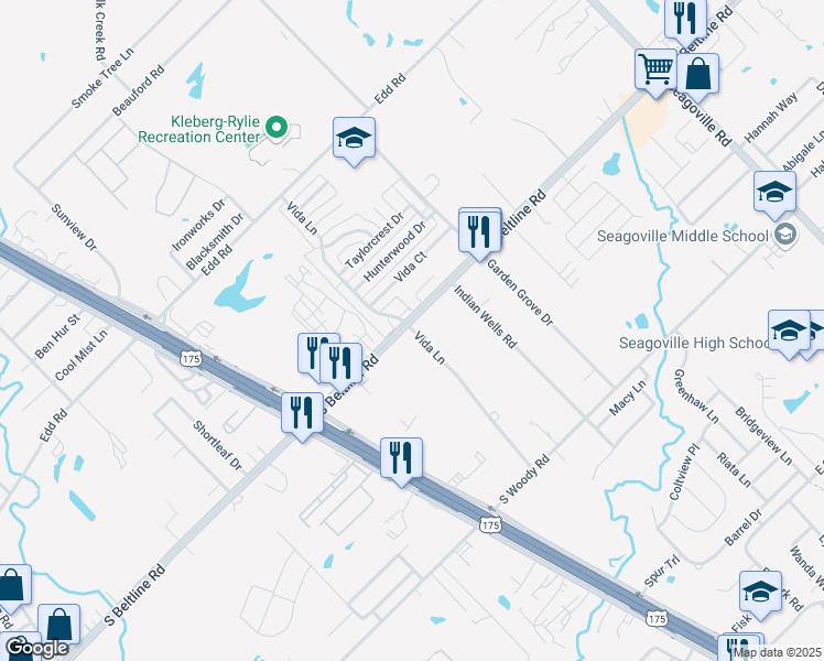 map of restaurants, bars, coffee shops, grocery stores, and more near 13611 Vida Lane in Dallas
