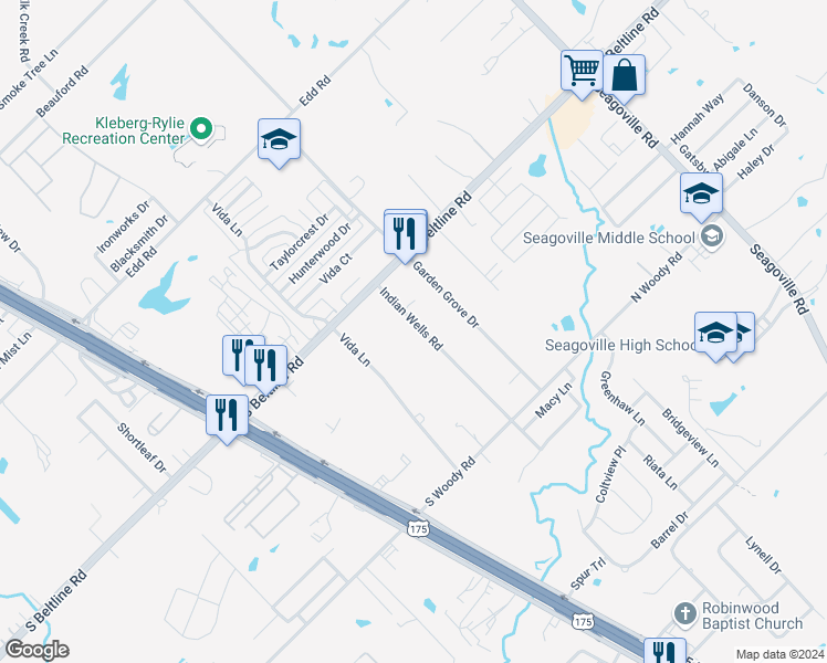 map of restaurants, bars, coffee shops, grocery stores, and more near 13706 Indian Wells Road in Dallas