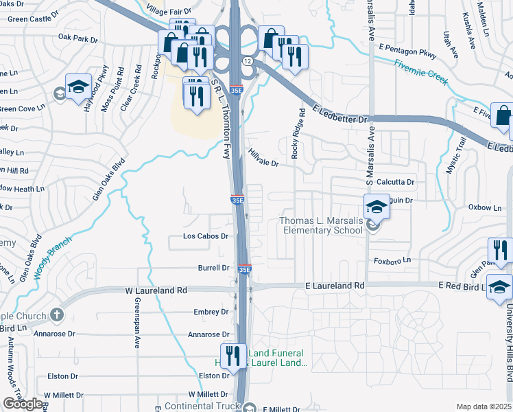 map of restaurants, bars, coffee shops, grocery stores, and more near 5500 South R L Thornton Freeway in Dallas