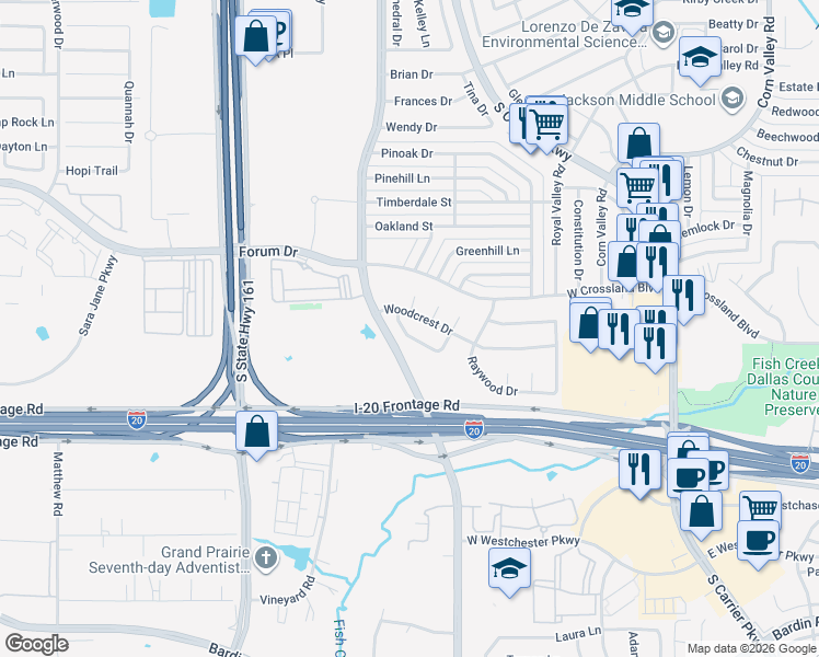 map of restaurants, bars, coffee shops, grocery stores, and more near 826 Woodhaven Lane in Grand Prairie