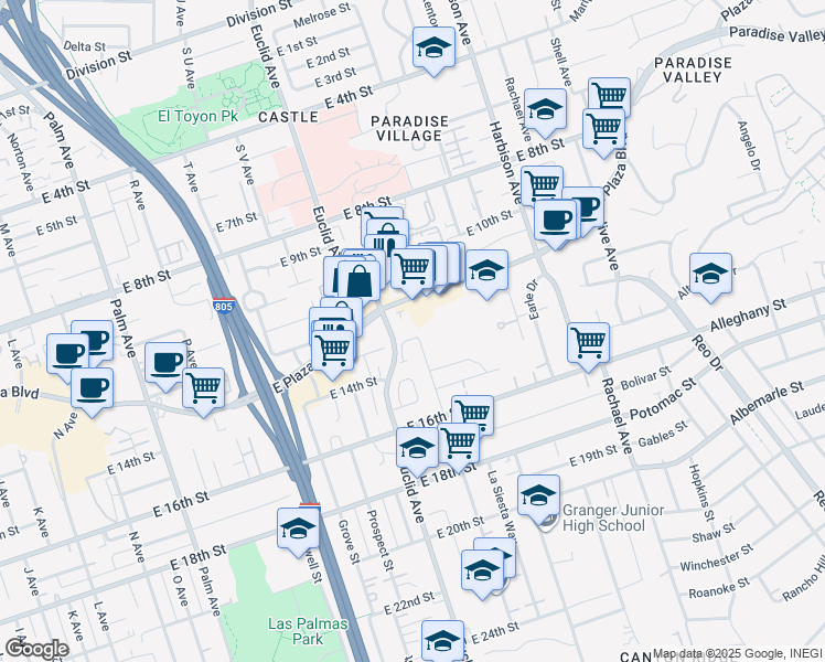 map of restaurants, bars, coffee shops, grocery stores, and more near 2537 East 13th Street in National City