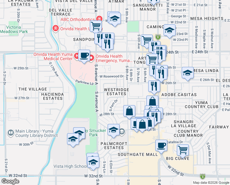 map of restaurants, bars, coffee shops, grocery stores, and more near 873 West Westridge Drive in Yuma